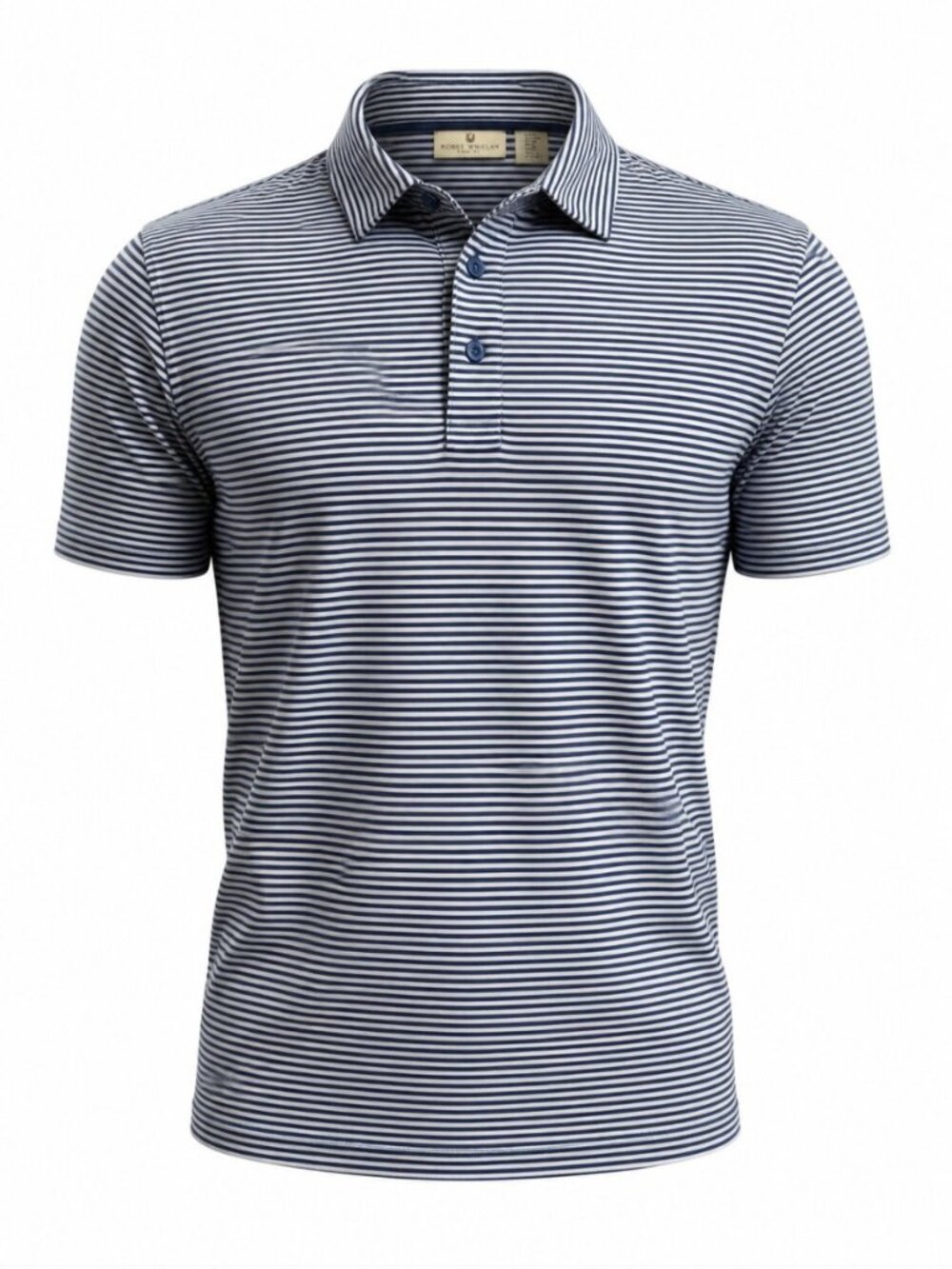 Rorie Whelan Golf Navy Blue‎ Striped Performance Short Sleeve Polo